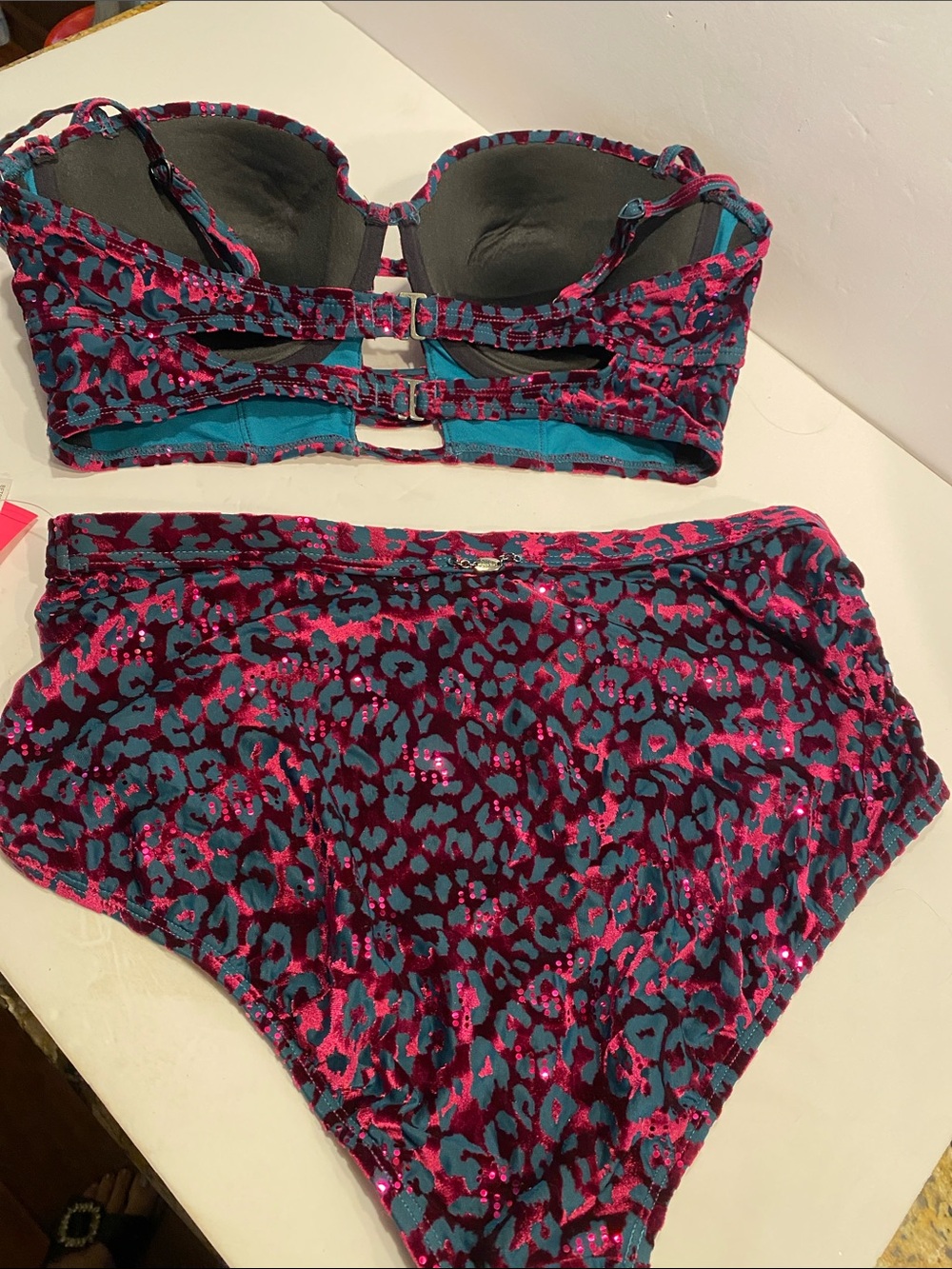 Women’s  Two-Piece Pink & Teal Leopard Print Swim Set Betsy  Johnso size large - Picture 3 of 3